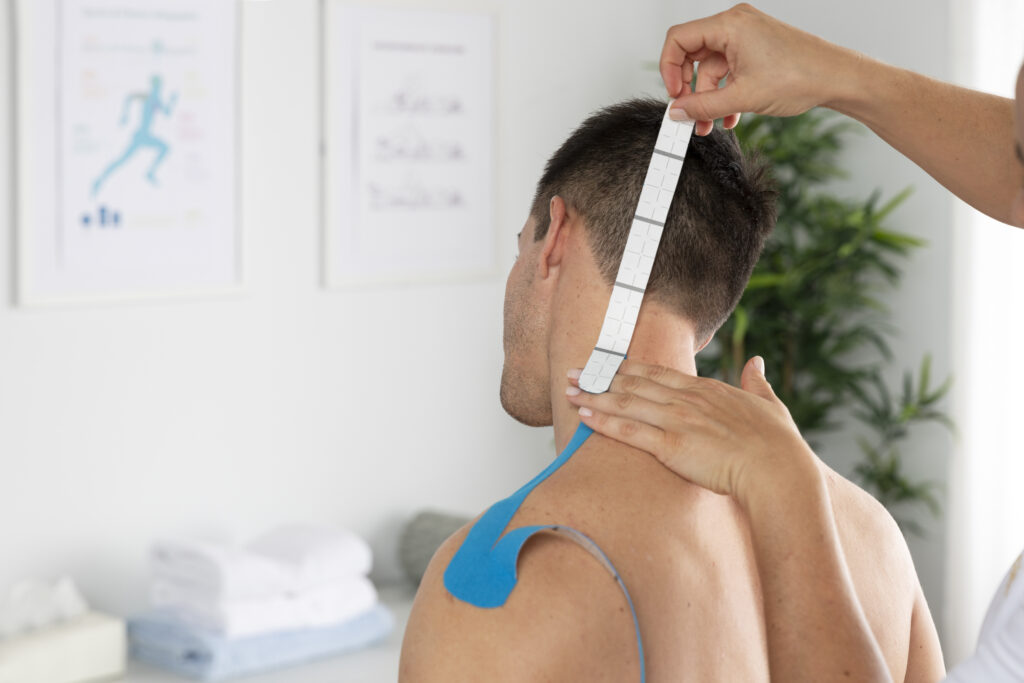 female-physiotherapist-applying-elastic-medical-bandage-male-patient